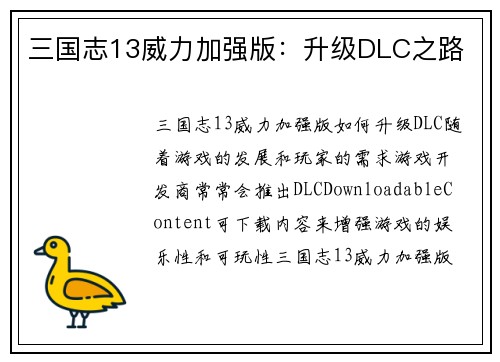 三国志13威力加强版：升级DLC之路